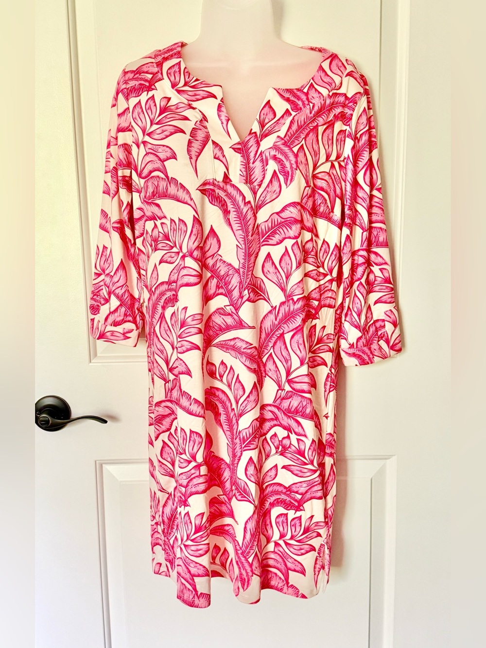 Caribbean Joe Pink White Tropical Leaf Midi Dress Small